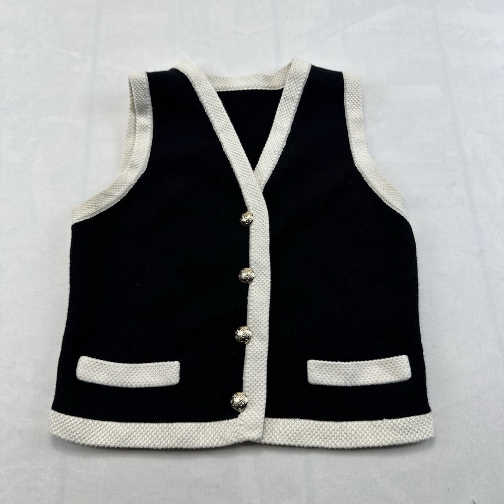 Goelia Women's XS Black White Wool Blend Knit Sweater Vest Gold Button Preppy